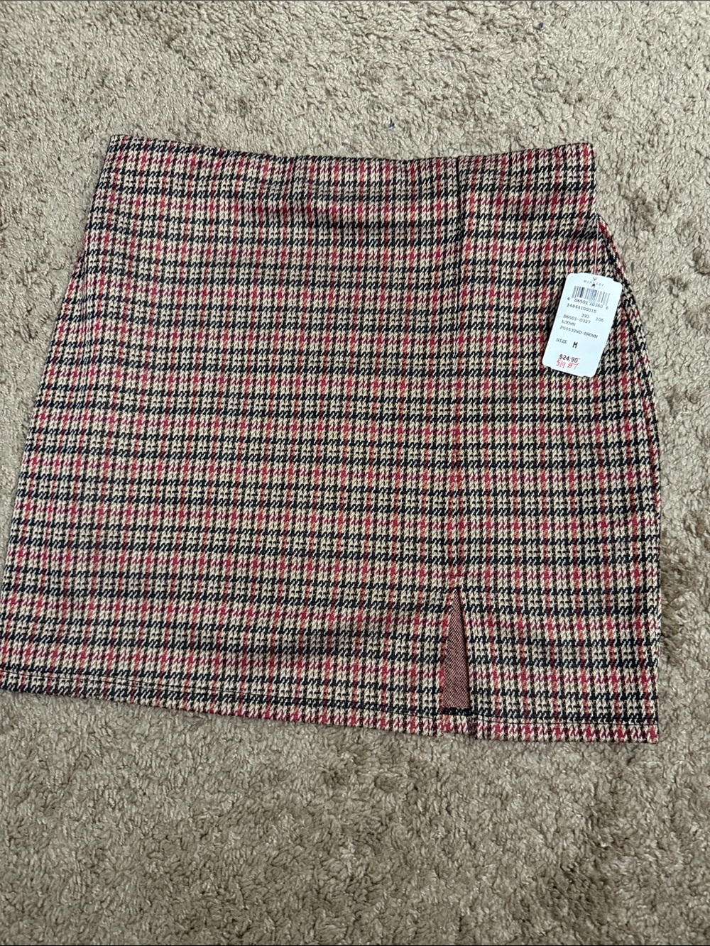 Windsor Pink and Tan Houndstooth Mini Skirt with Front Slit